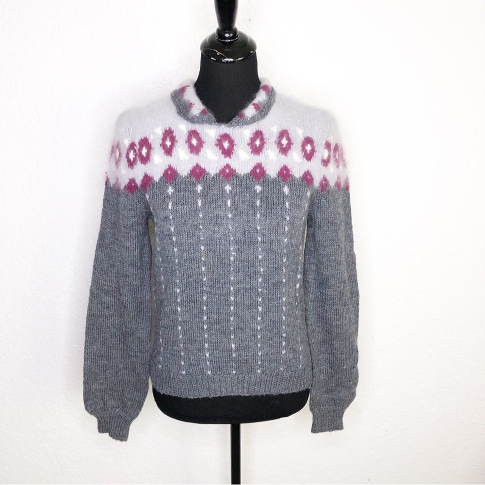 Vintage Mark Cross England gray purple white wool collared sweater